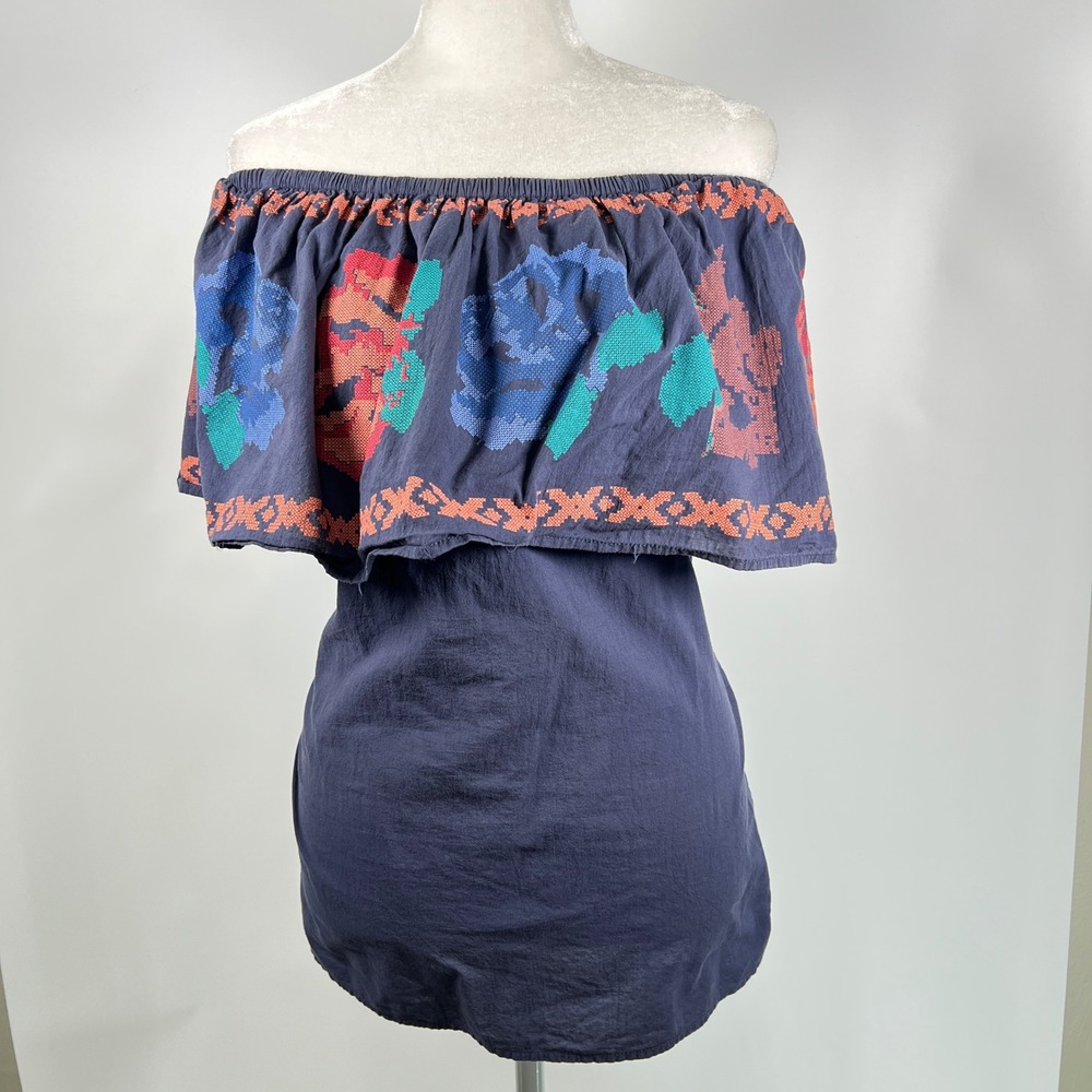 Adiva Navy Blue Off Shoulder Faux Embroidered Floral Ruffle Top Medium Cotton